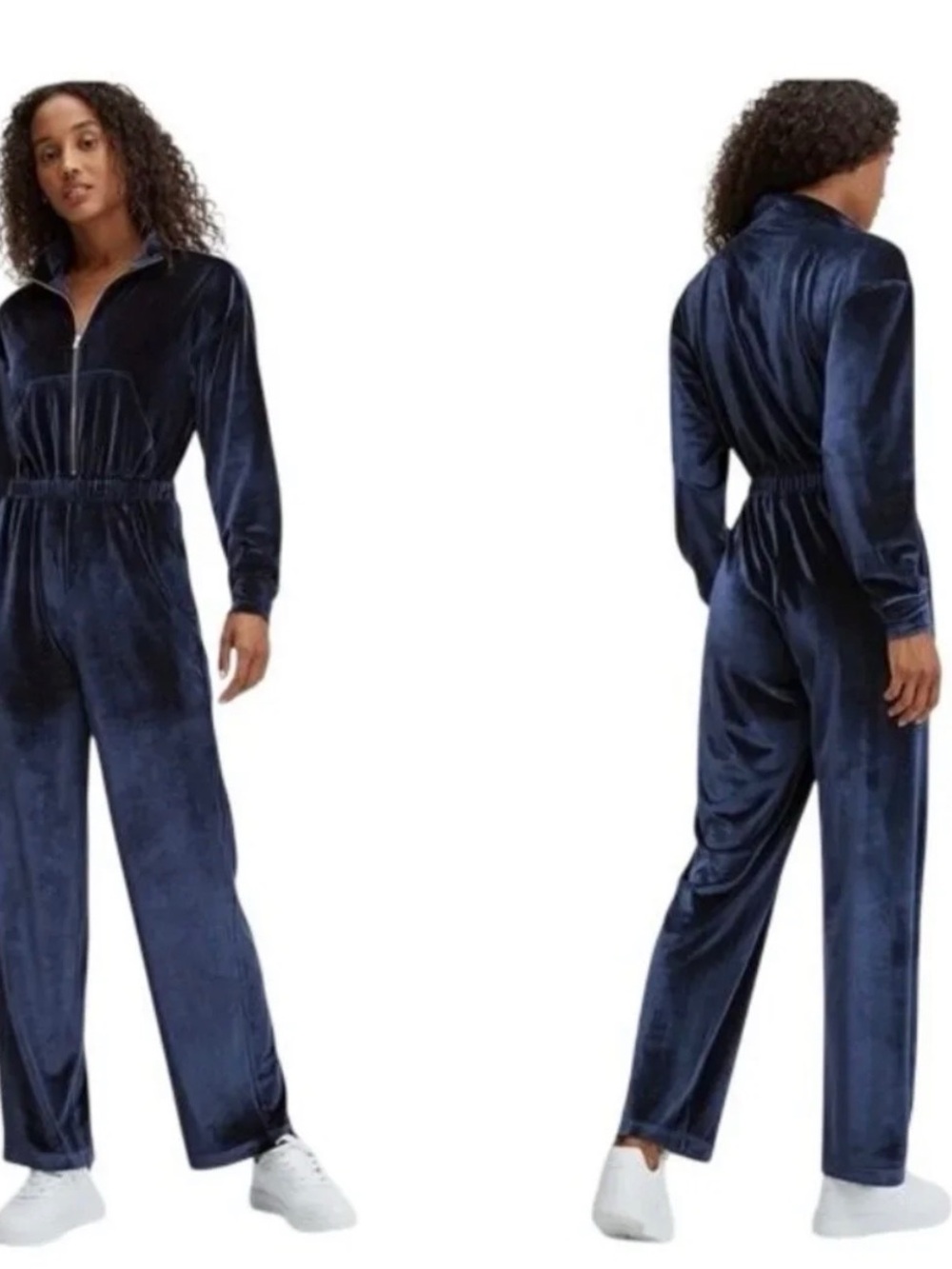 Fabletics Jumpsuit Womens XL Blue Velour Zip Up Wide Leg One Piece